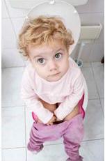 Little girl sitting on toilet working on potty training in 3 days